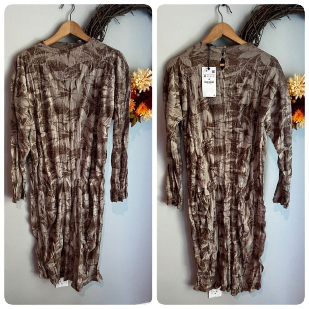 Zara Taupe Brown Abstract Leaf Print Midi Dress Mock Neck Boho Crinkle MEDIUM - Picture 2 of 12